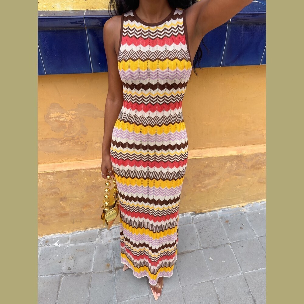 Multicolor Chevron Knit Racerback Sleeveless Bodycon Maxi Sweater Dress